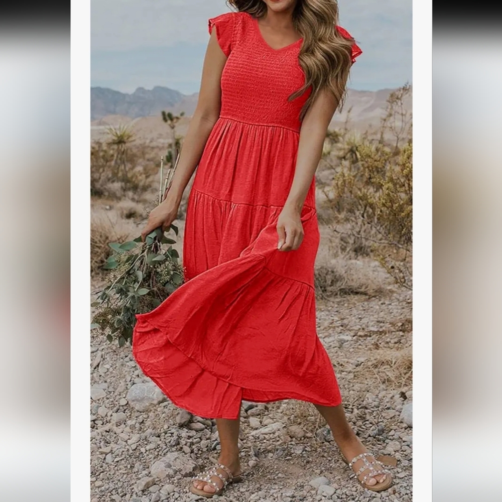 Lucky Brand Orange Red Smocked Tiered Maxi  Dress Size Large
